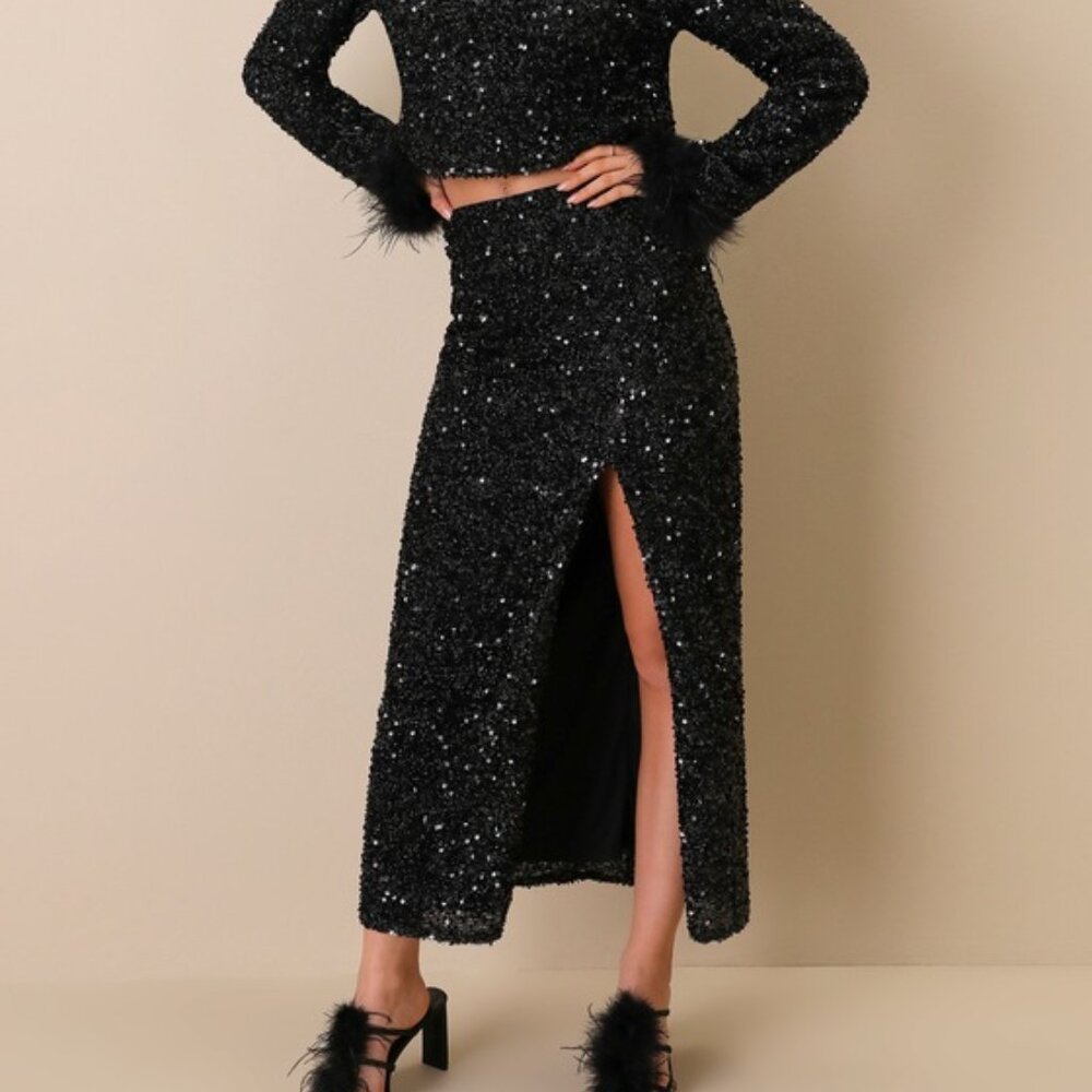 Lulus Sparkling Behavior Black Sequin High-rise Midi Skirt - Size S